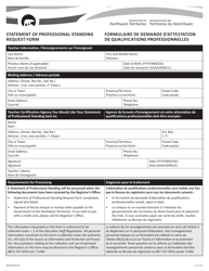 Form NWT9289 Statement of Professional Standing Request Form - Northwest Territories, Canada (English/French)