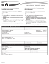 Form NWT9249 Application for a Professional Teaching Certificate - Northwest Territories, Canada (English/French)