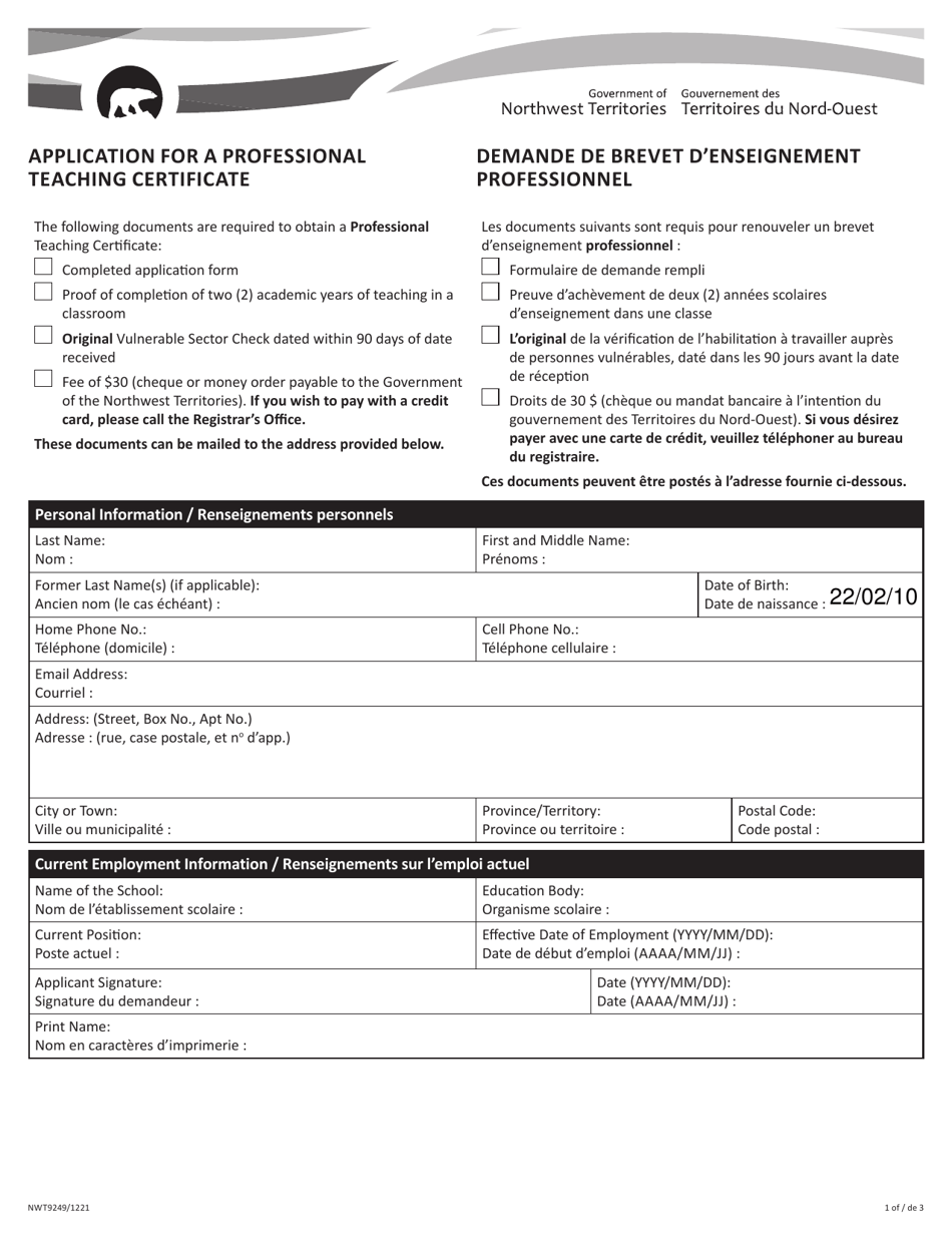 Form NWT9249 Application for a Professional Teaching Certificate - Northwest Territories, Canada (English / French), Page 1