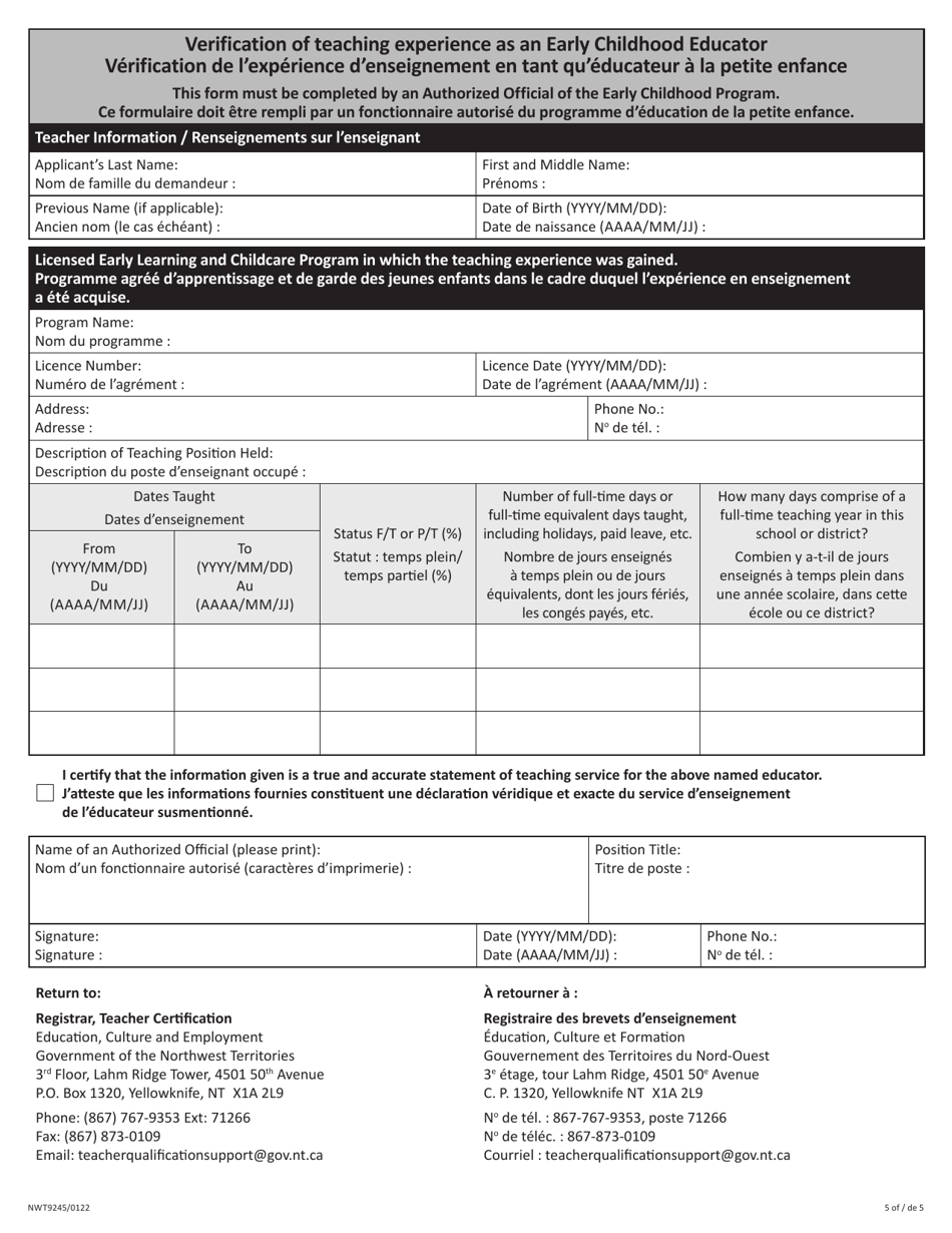 Form NWT9245 Application for an Interim Junior Kindergarten Specialty Teaching Certificate - Northwest Territories, Canada, Page 5