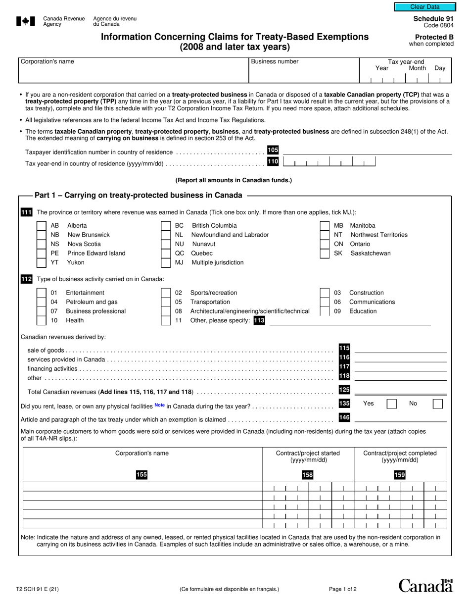 Form T2 Schedule 91 - Fill Out, Sign Online And Download Fillable Pdf 