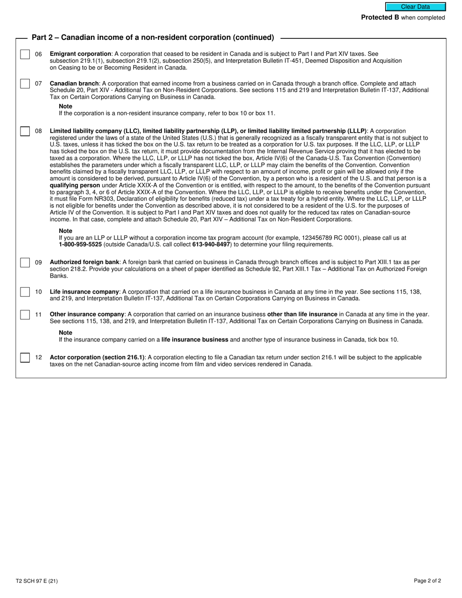 Form T2 Schedule 97 Additional Information on Non-resident Corporations in Canada (2011 and Later Tax Years) - Canada, Page 2