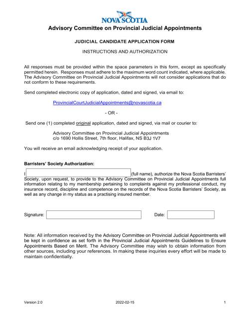 Judicial Candidate Application Form - Nova Scotia, Canada