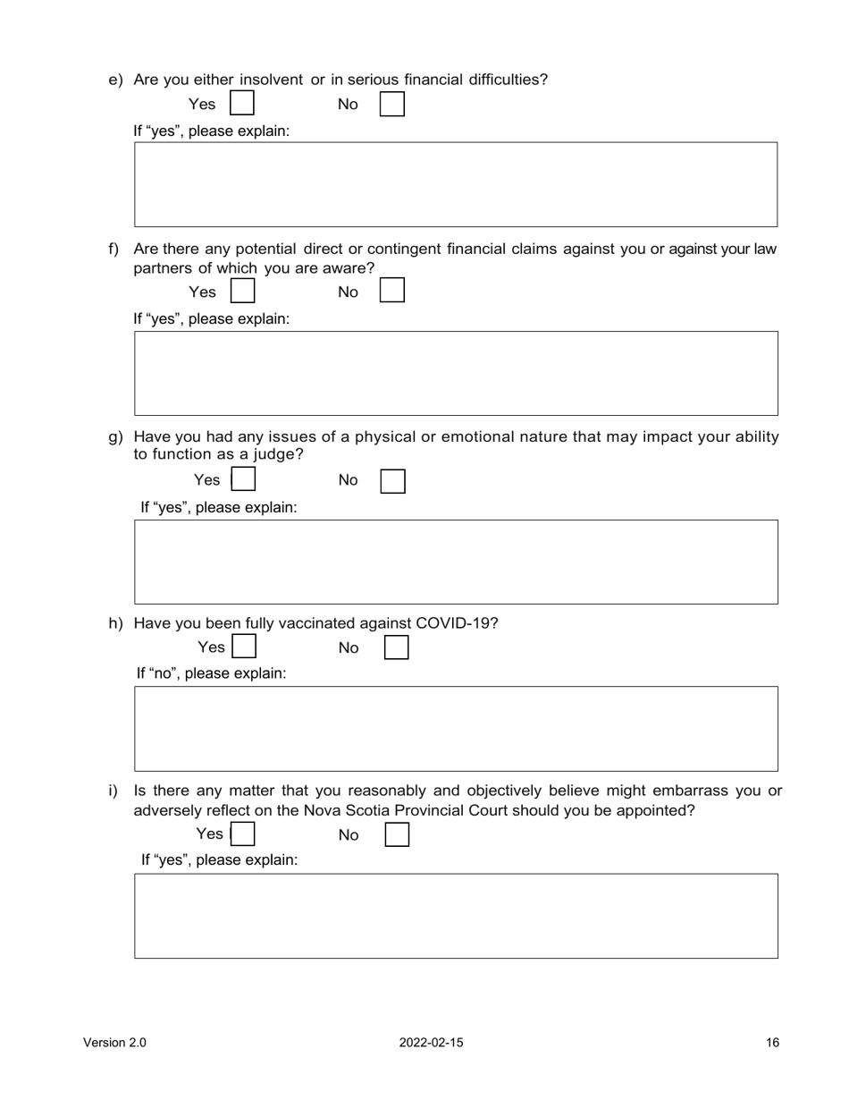 Judicial Candidate Application Form - Nova Scotia, Canada, Page 16