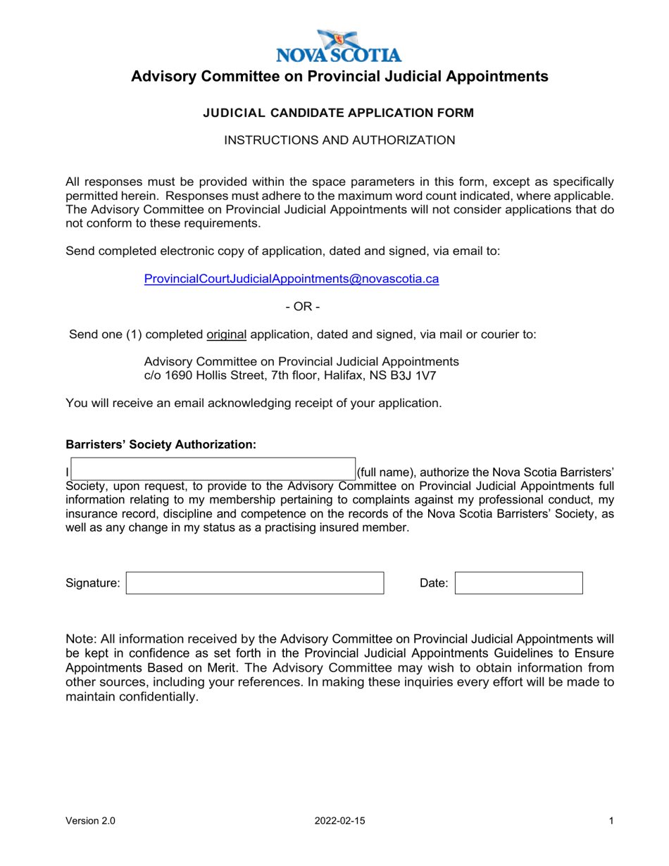 Judicial Candidate Application Form - Nova Scotia, Canada, Page 1