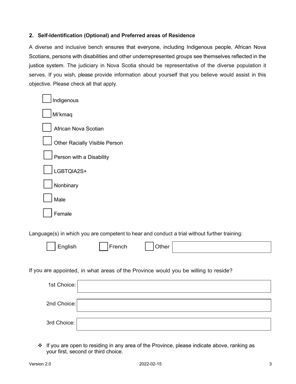 Judicial Candidate Application Form - Nova Scotia, Canada, Page 3