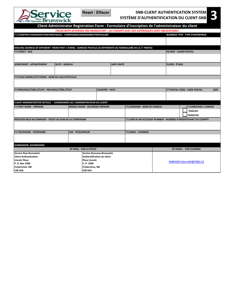 Part 3 Client Administrator Registration Form - New Brunswick, Canada (English / French), Page 1