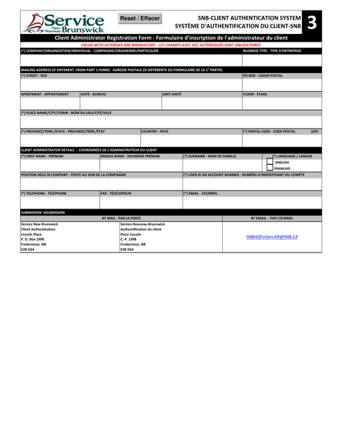 Part 3 Client Administrator Registration Form - New Brunswick, Canada (English/French)
