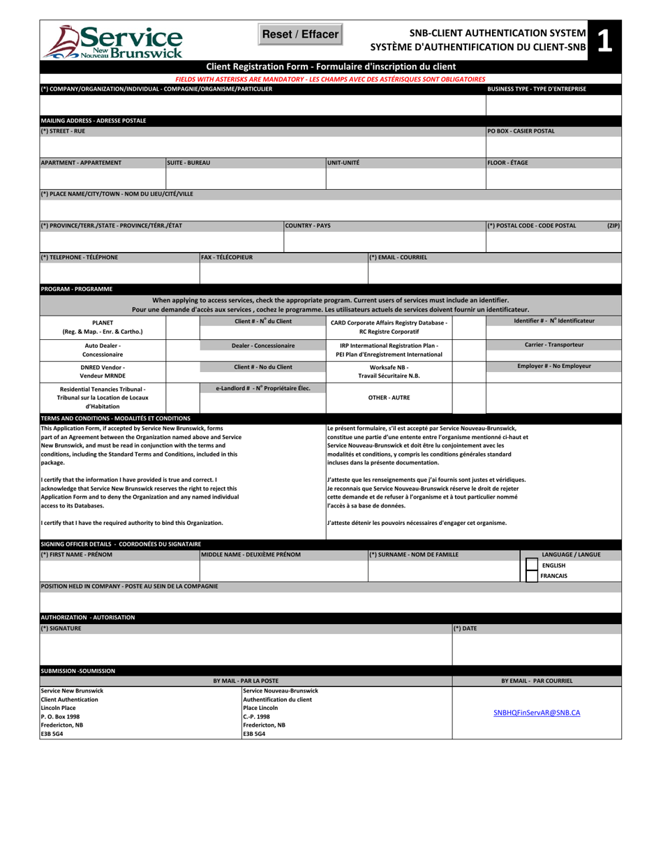 Part 1 Client Registration Form - New Brunswick, Canada (English / French), Page 1