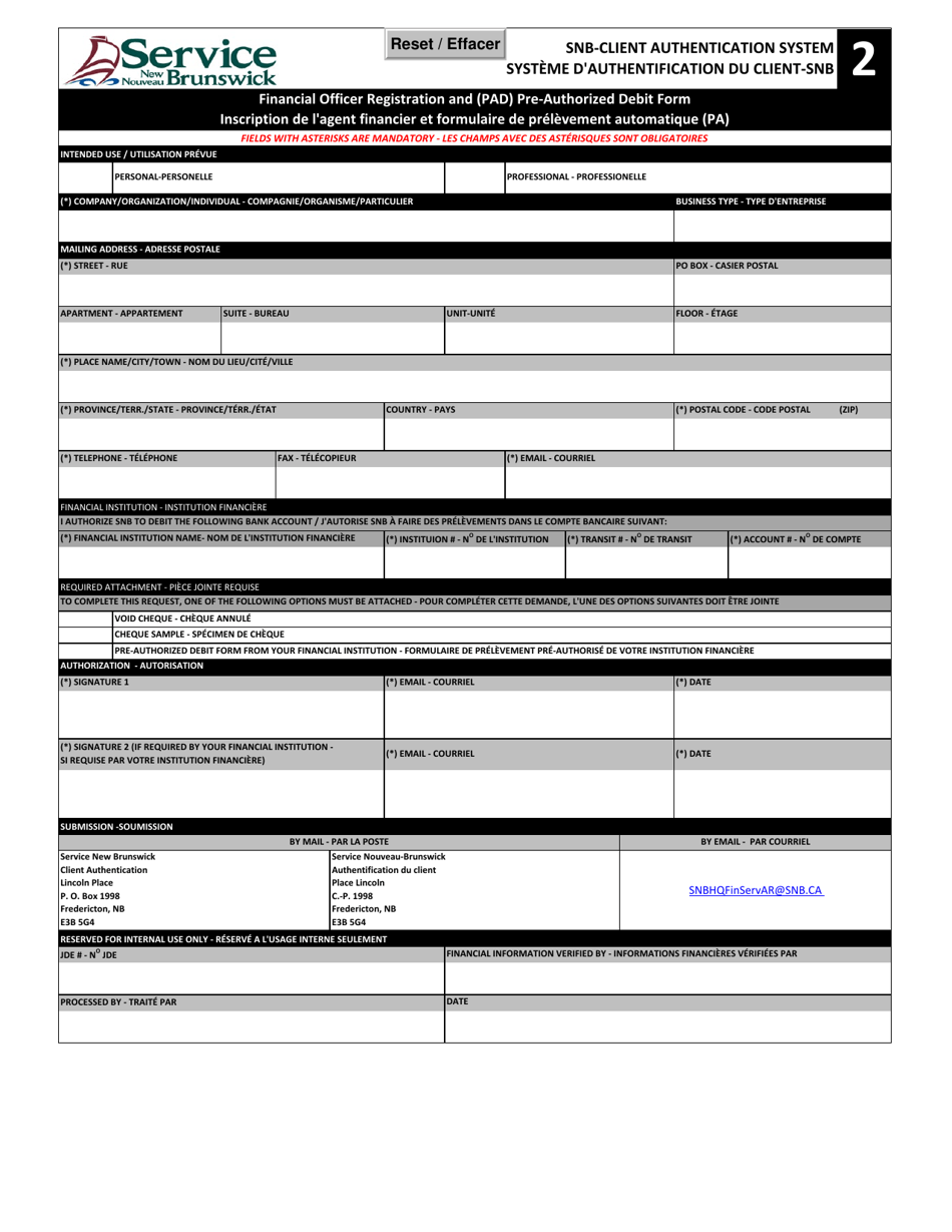 Part 2 Financial Officer Registration and (Pad) Pre-authorized Debit Form - New Brunswick, Canada (English / French), Page 1