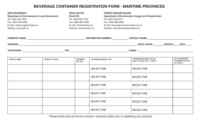 Document preview: Beverage Container Registration Form - Maritime Provinces - New Brunswick, Canada