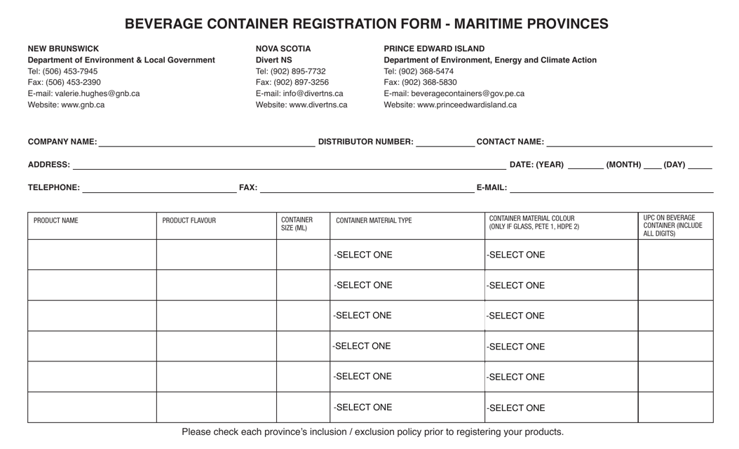 Beverage Container Registration Form - Maritime Provinces - New Brunswick, Canada