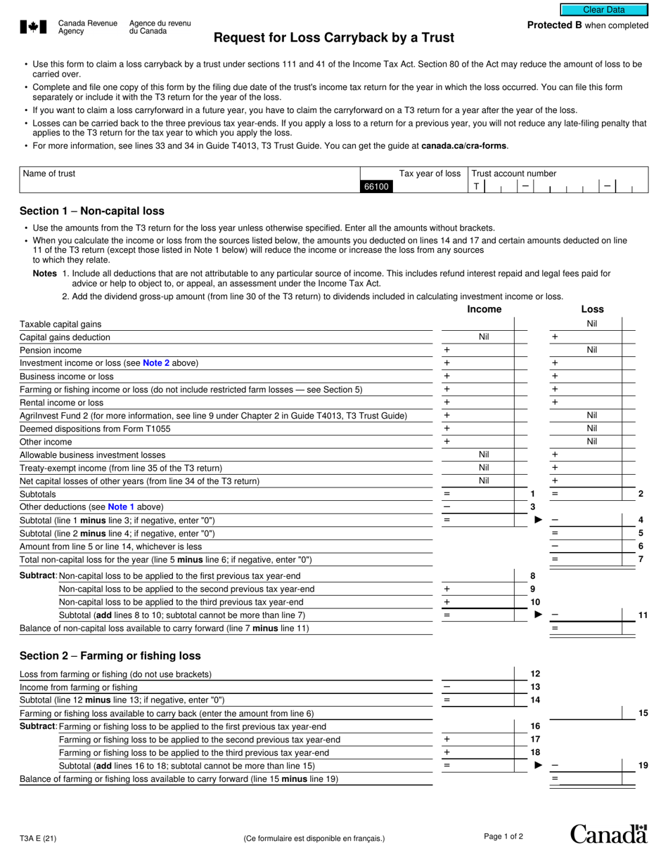 Form T3A Request for Loss Carryback by a Trust - Canada, Page 1