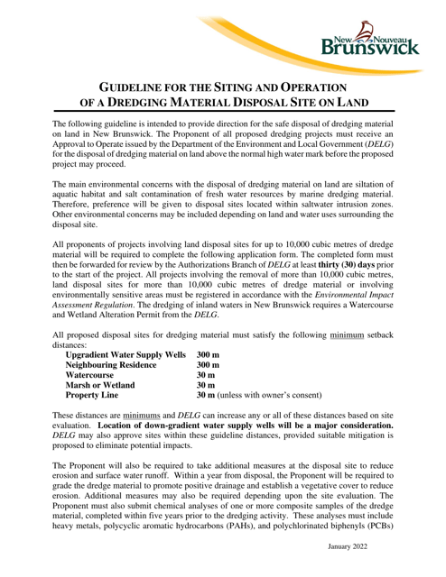 Application Form for the Siting and Operation of a Dredge Material Disposal Site on Land - New Brunswick, Canada