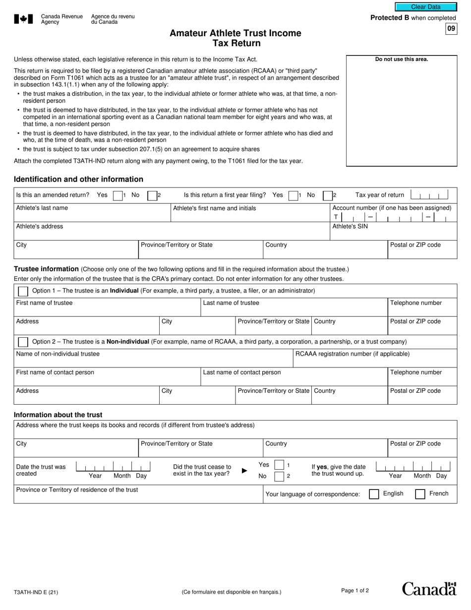Form T3ATH-IND Amateur Athlete Trust Income Tax Return - Canada, Page 1