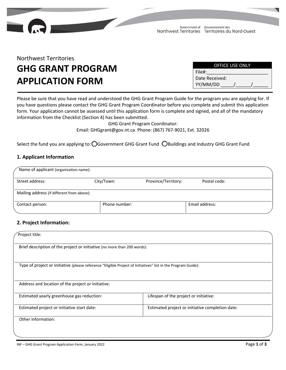 Ghg Grant Program Application Form - Northwest Territories, Canada, Page 1