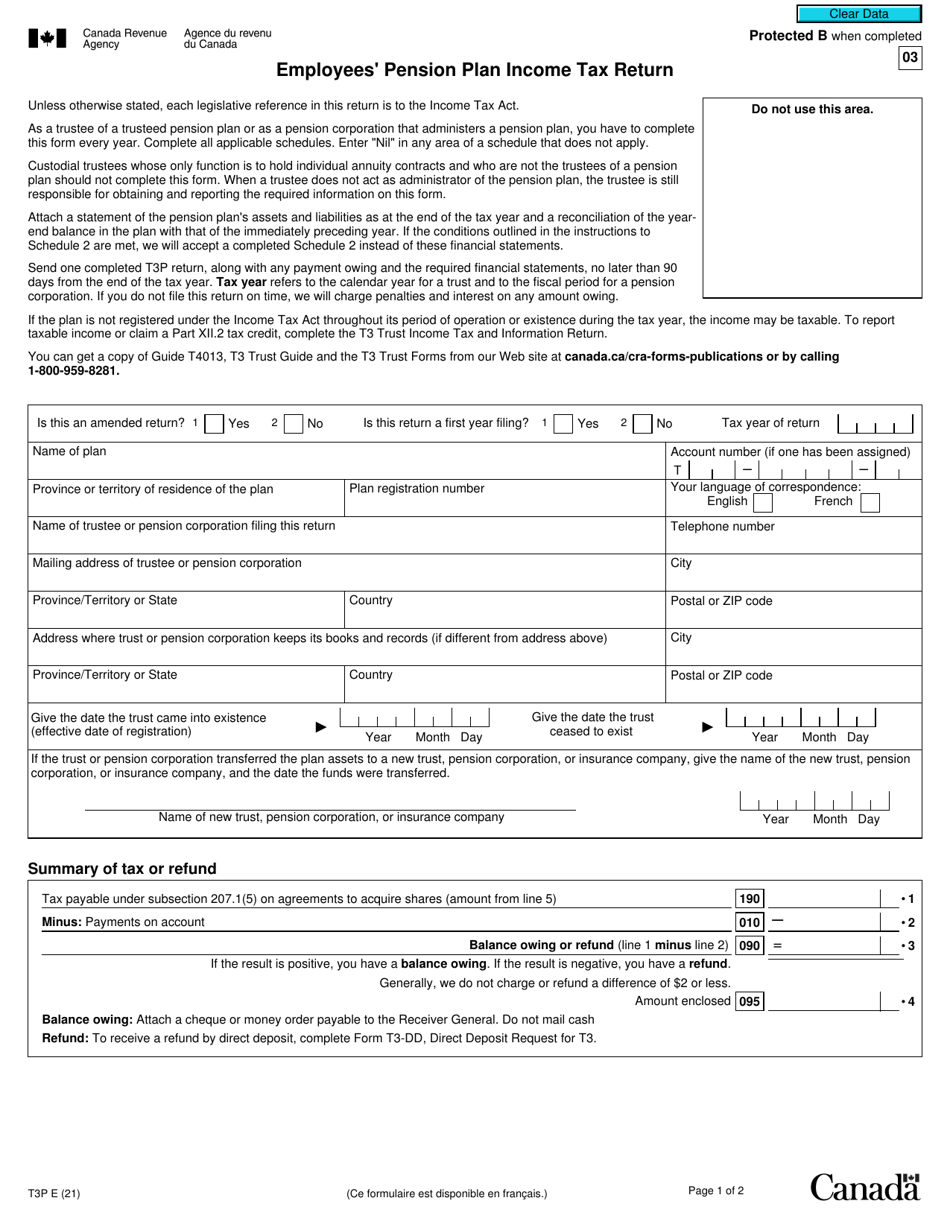 Form T3P Employees Pension Plan Income Tax Return - Canada, Page 1