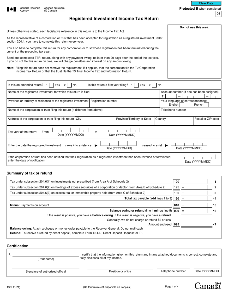 Form T3RI Registered Investment Income Tax Return - Canada, Page 1
