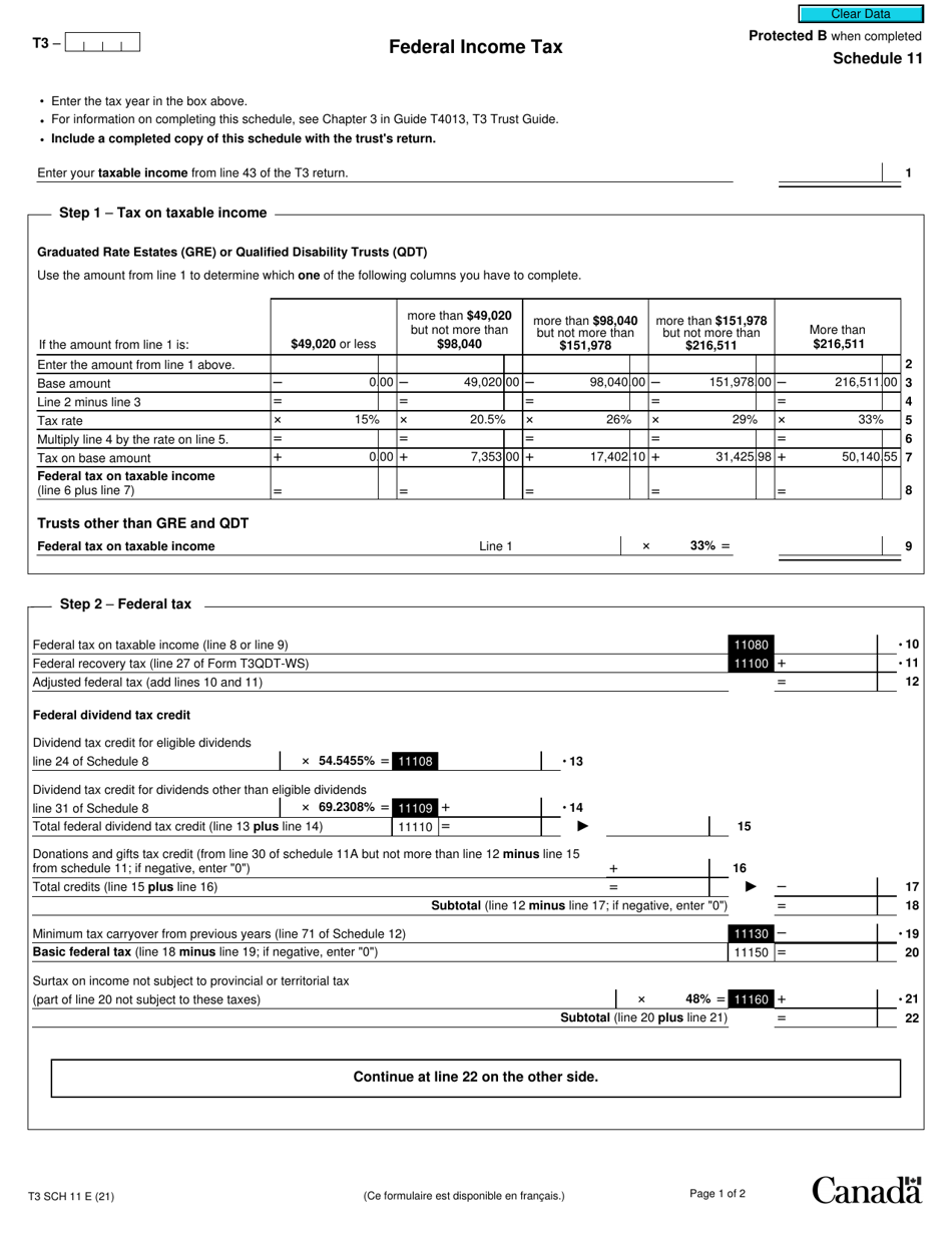 Form T3 Schedule 11 Federal Income Tax - Canada, Page 1