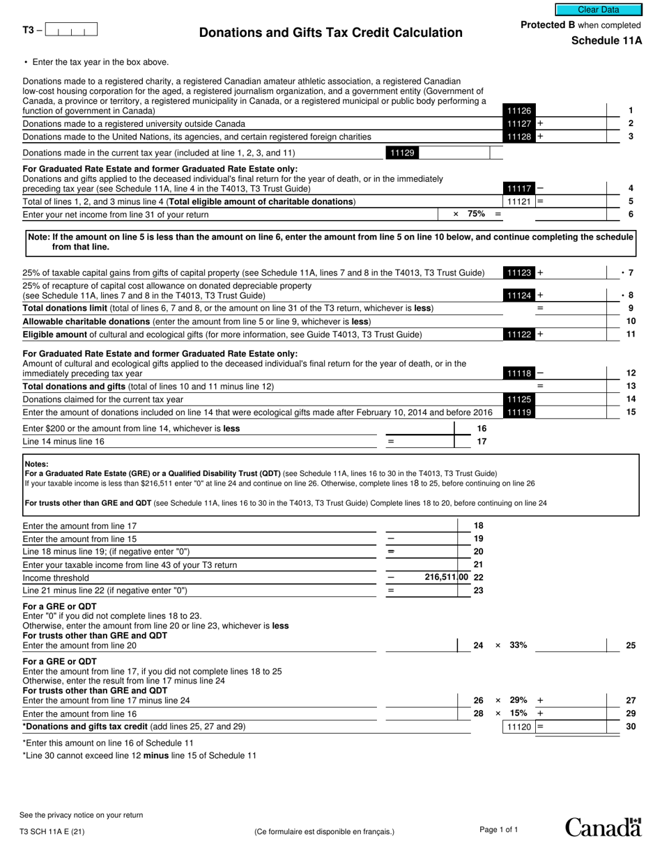 Form T3 Schedule 11A Download Fillable PDF or Fill Online Donations and ...