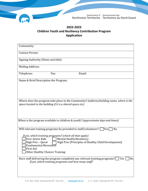 Children Youth and Resiliency Contribution Program Application - Northwest Territories, Canada, 2023