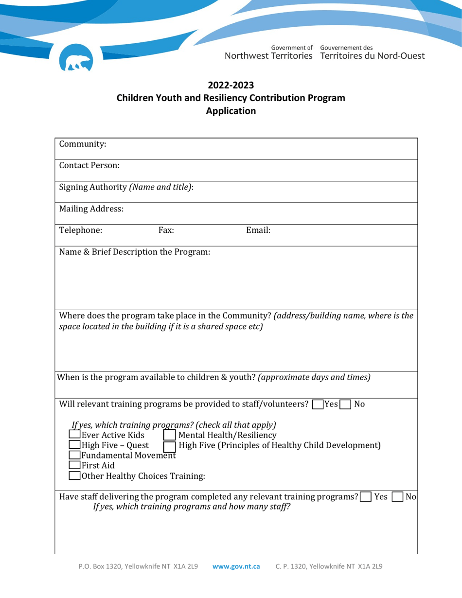 Children Youth and Resiliency Contribution Program Application - Northwest Territories, Canada, Page 1