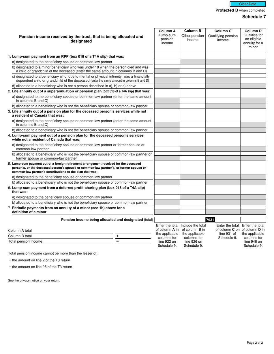 Form T3 Schedule 7 Pension Income Allocations and Designations - Canada, Page 2
