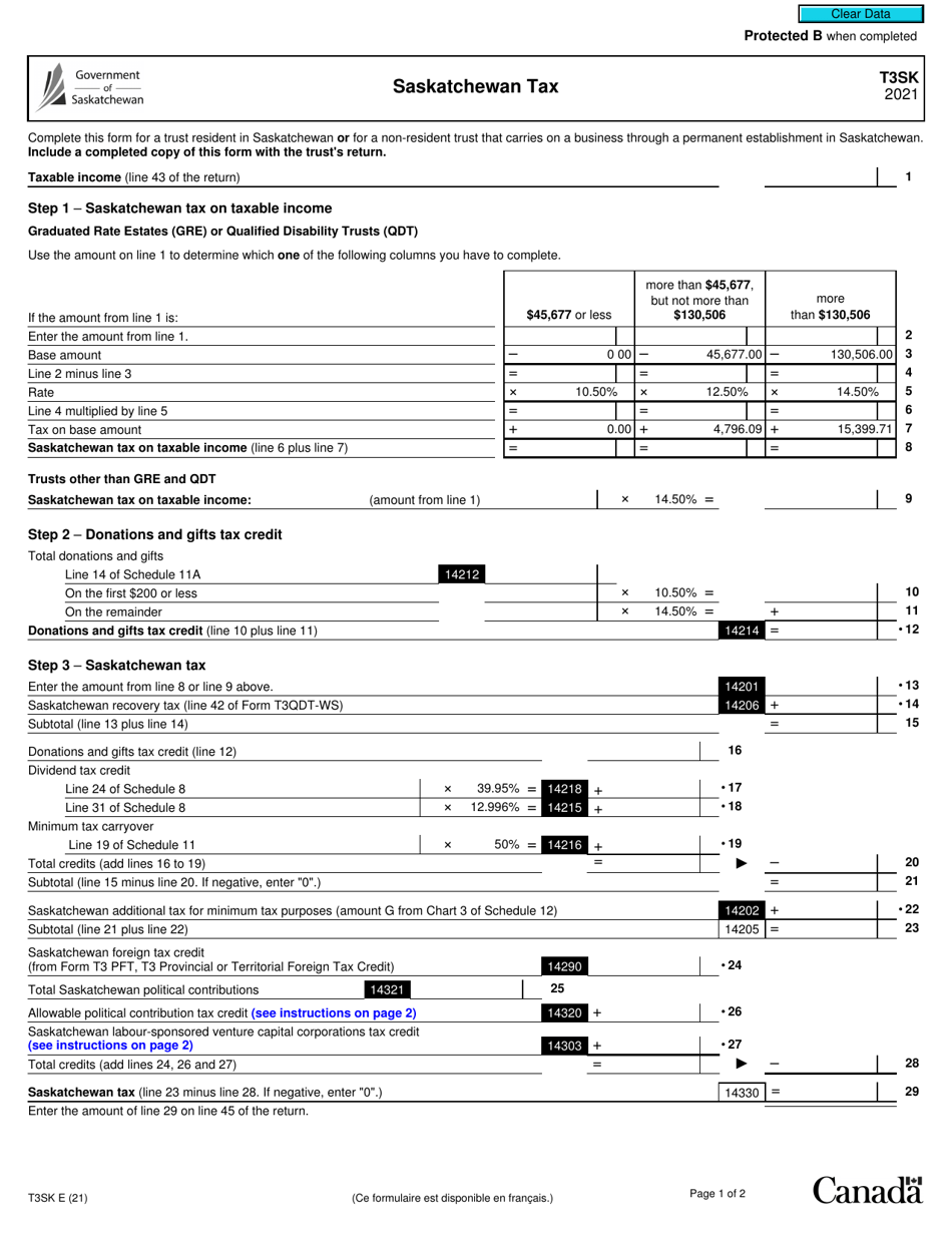 Form T3SK Saskatchewan Tax - Canada, Page 1