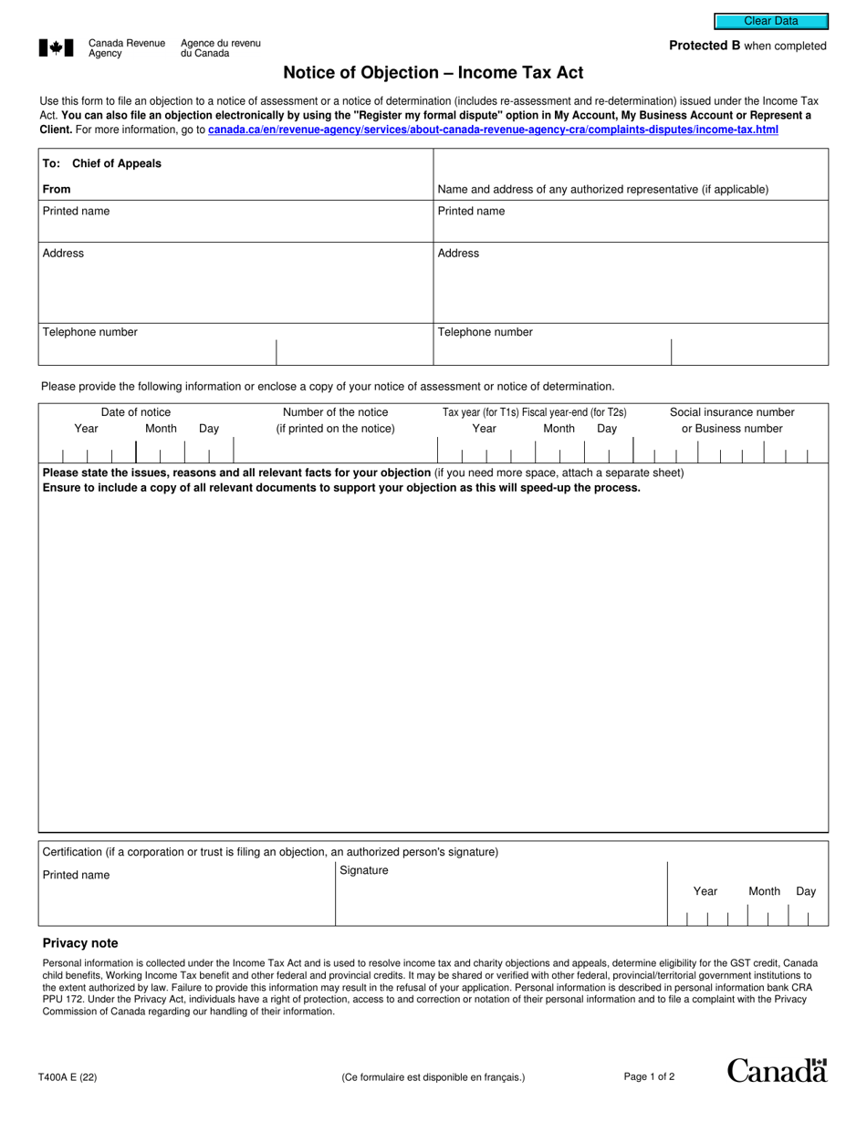 Form T400A Notice of Objection - Income Tax Act - Canada, Page 1