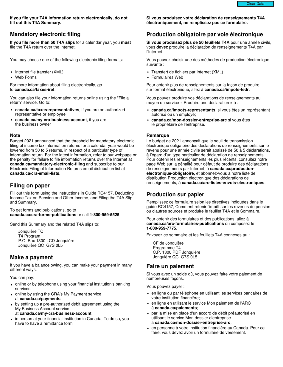Form T4ASUM Summary of Pension, Retirement, Annuity, and Other Income - Canada (English / French), Page 2