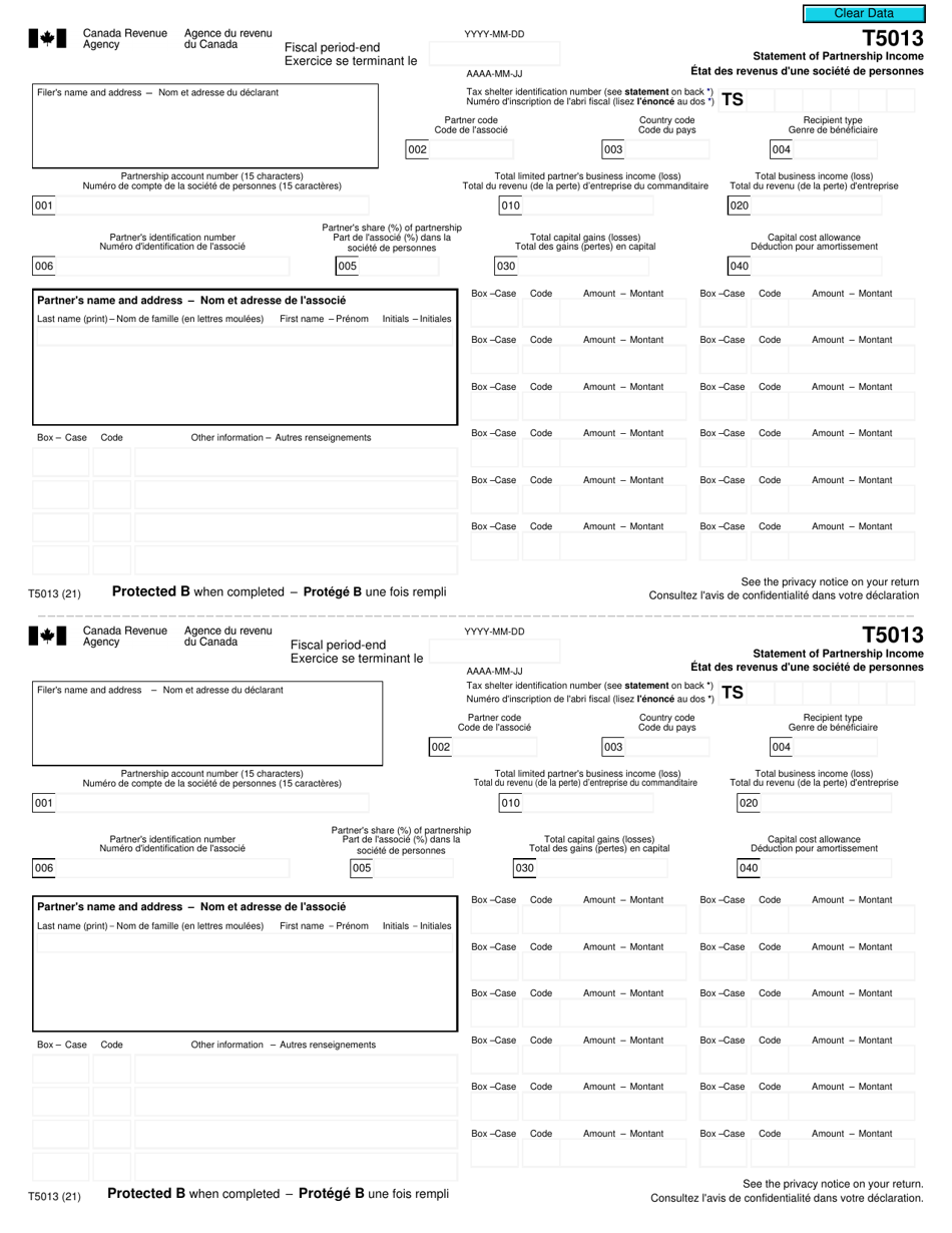 Form T5013 Statement of Partnership Income - Canada (English / French), Page 1