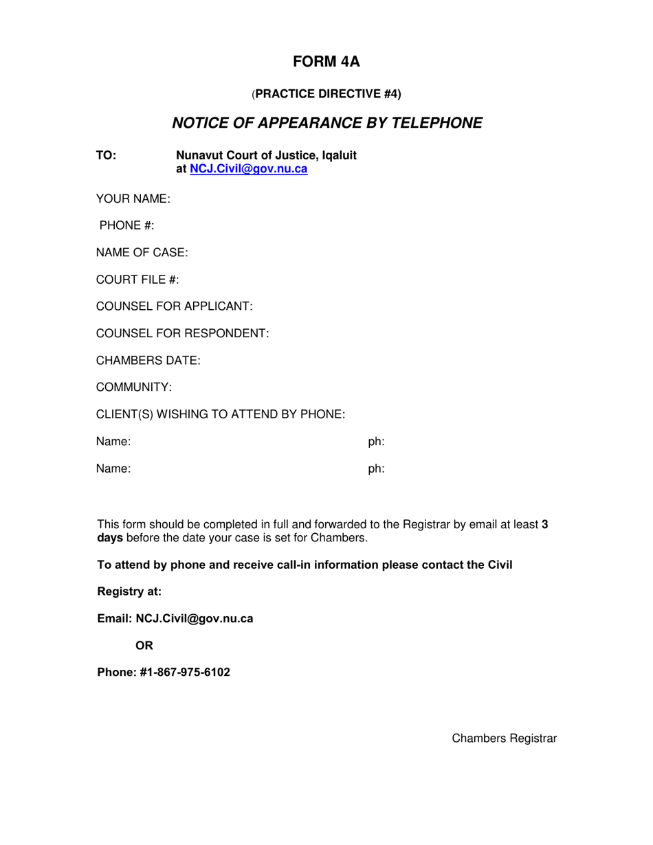 Form 4A Notice of Appearance by Telephone - Nunavut, Canada, Page 1