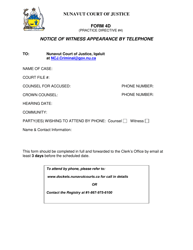 Document preview: Form 4D Notice of Witness Appearance by Telephone - Nunavut, Canada