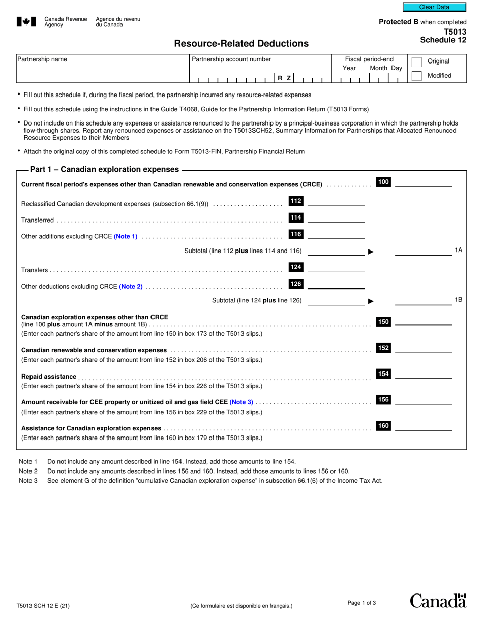 Form T5013 Schedule 12 Resource-Related Deductions - Canada, Page 1