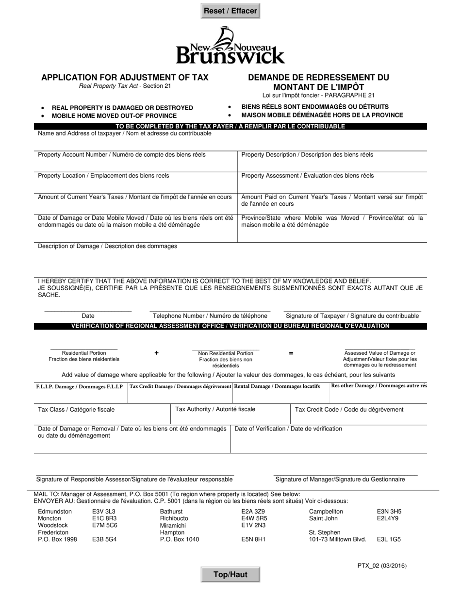 Form PTX_02 Application for Adjustment of Tax - New Brunswick, Canada (English / French), Page 1