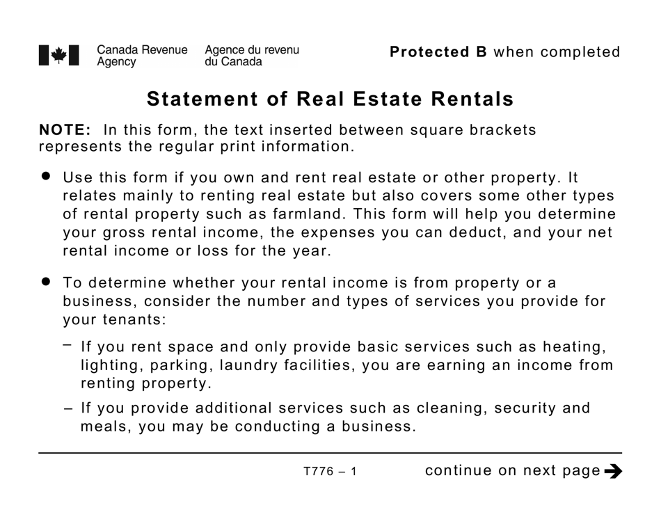 Form T776 Statement of Real Estate Rentals - Large Print - Canada, Page 1