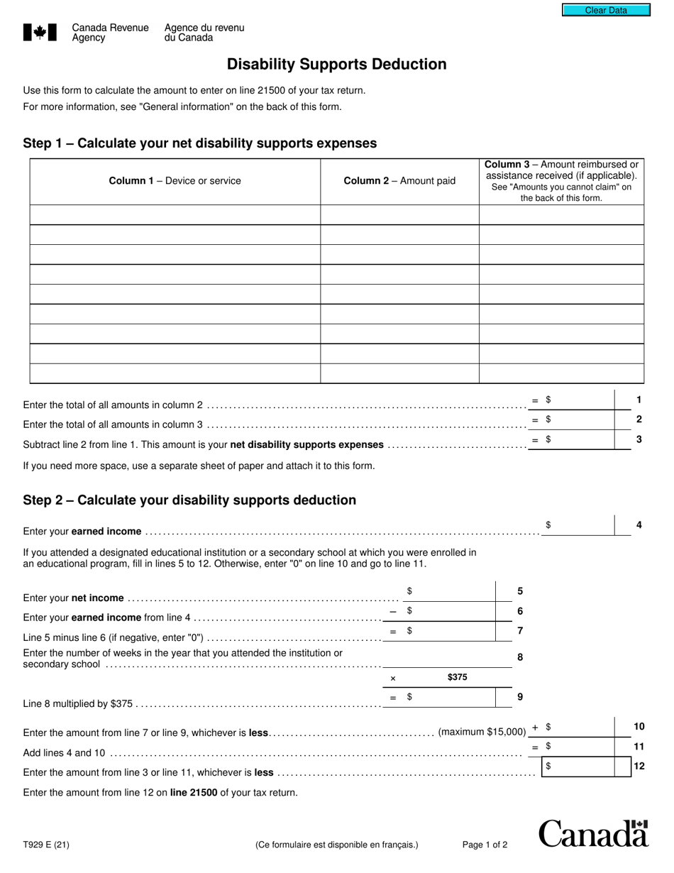 Form T929 Disability Supports Deduction - Canada, Page 1