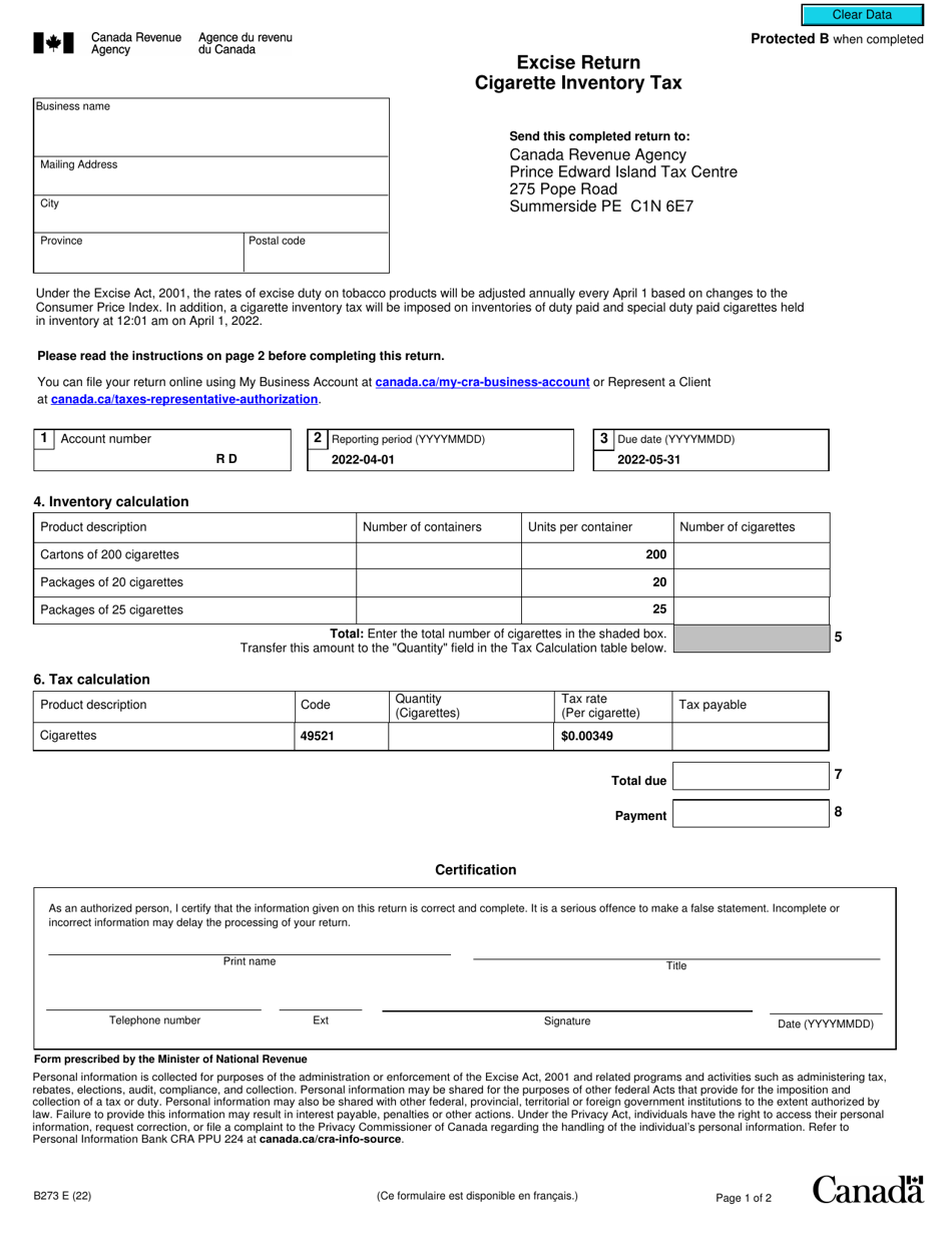 Form B273 Excise Return - Cigarette Inventory Tax - Canada, Page 1