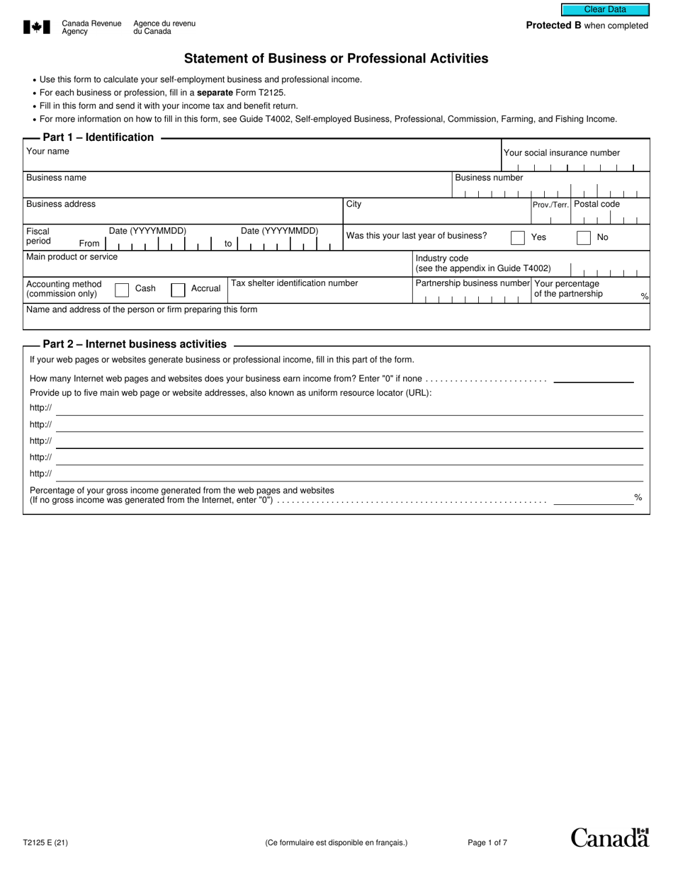 Form T2125 Statement of Business or Professional Activities - Canada, Page 1