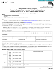 Document preview: Form RC7288 Selected Listed Financial Institution - Request for Taxpayer Relief - Cancel or Waive Penalties and Interest Related to the Gst/Hst or the Qst, or Charges Related to the Qst - Canada