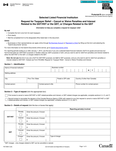 Form RC7288 Selected Listed Financial Institution - Request for Taxpayer Relief - Cancel or Waive Penalties and Interest Related to the Gst/Hst or the Qst, or Charges Related to the Qst - Canada
