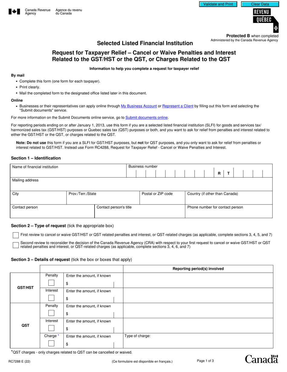 Form RC7288 Selected Listed Financial Institution - Request for Taxpayer Relief - Cancel or Waive Penalties and Interest Related to the Gst / Hst or the Qst, or Charges Related to the Qst - Canada, Page 1