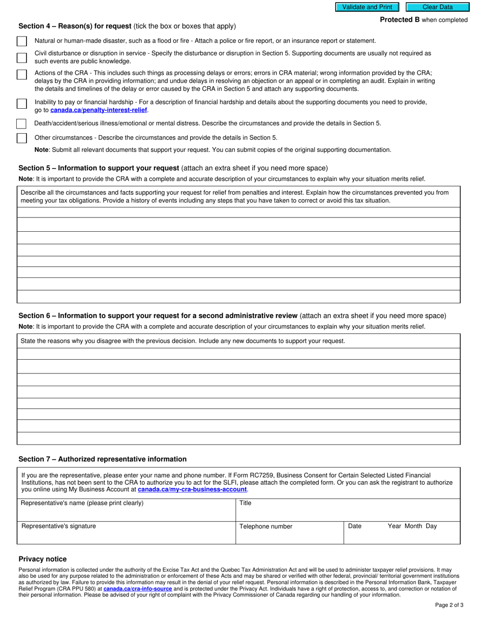 Form RC7288 Selected Listed Financial Institution - Request for Taxpayer Relief - Cancel or Waive Penalties and Interest Related to the Gst / Hst or the Qst, or Charges Related to the Qst - Canada, Page 2