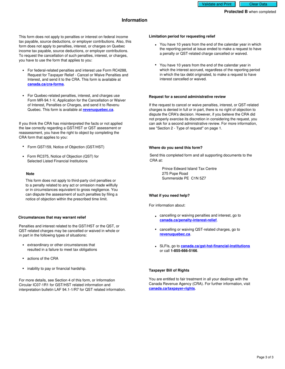 Form RC7288 Selected Listed Financial Institution - Request for Taxpayer Relief - Cancel or Waive Penalties and Interest Related to the Gst / Hst or the Qst, or Charges Related to the Qst - Canada, Page 3