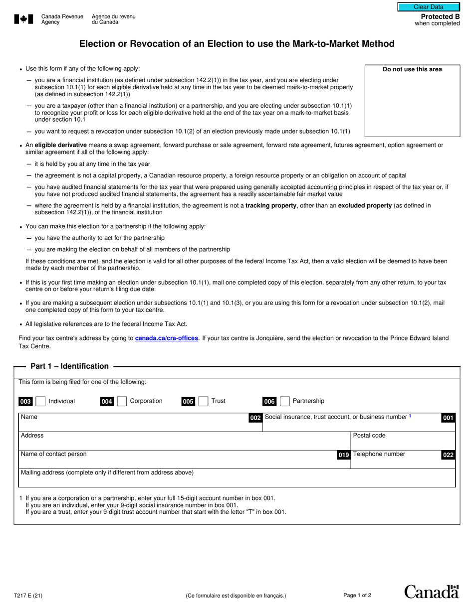 Form T217 Election or Revocation of an Election to Use the Mark-To-Market Method - Canada, Page 1