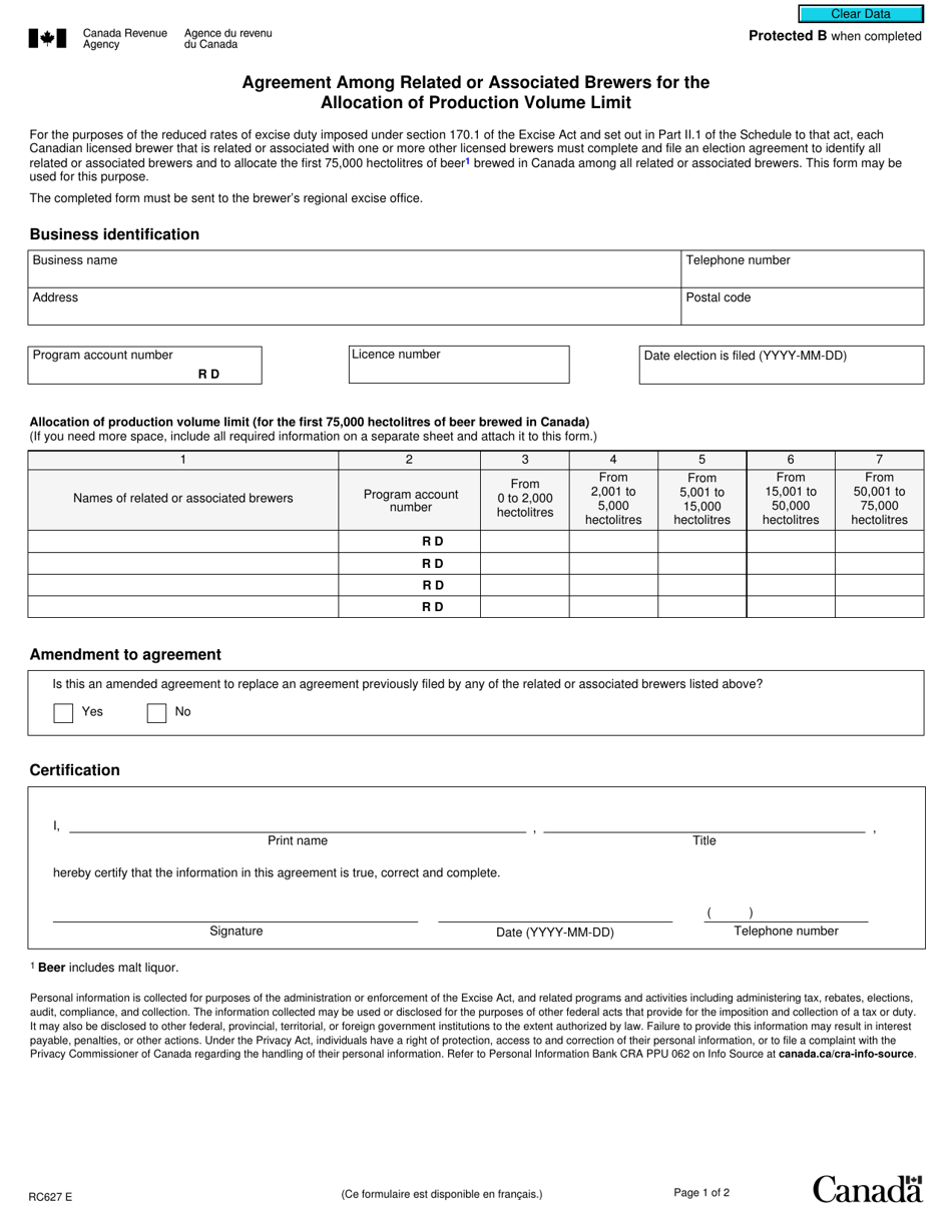 Form RC627 Agreement Among Related or Associated Brewers for the Allocation of Production Volume Limit - Canada, Page 1
