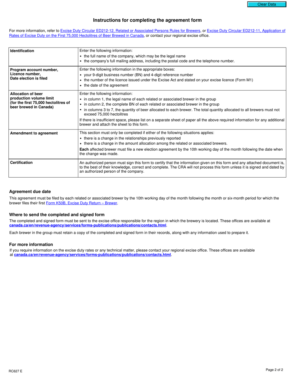 Form RC627 Agreement Among Related or Associated Brewers for the Allocation of Production Volume Limit - Canada, Page 2