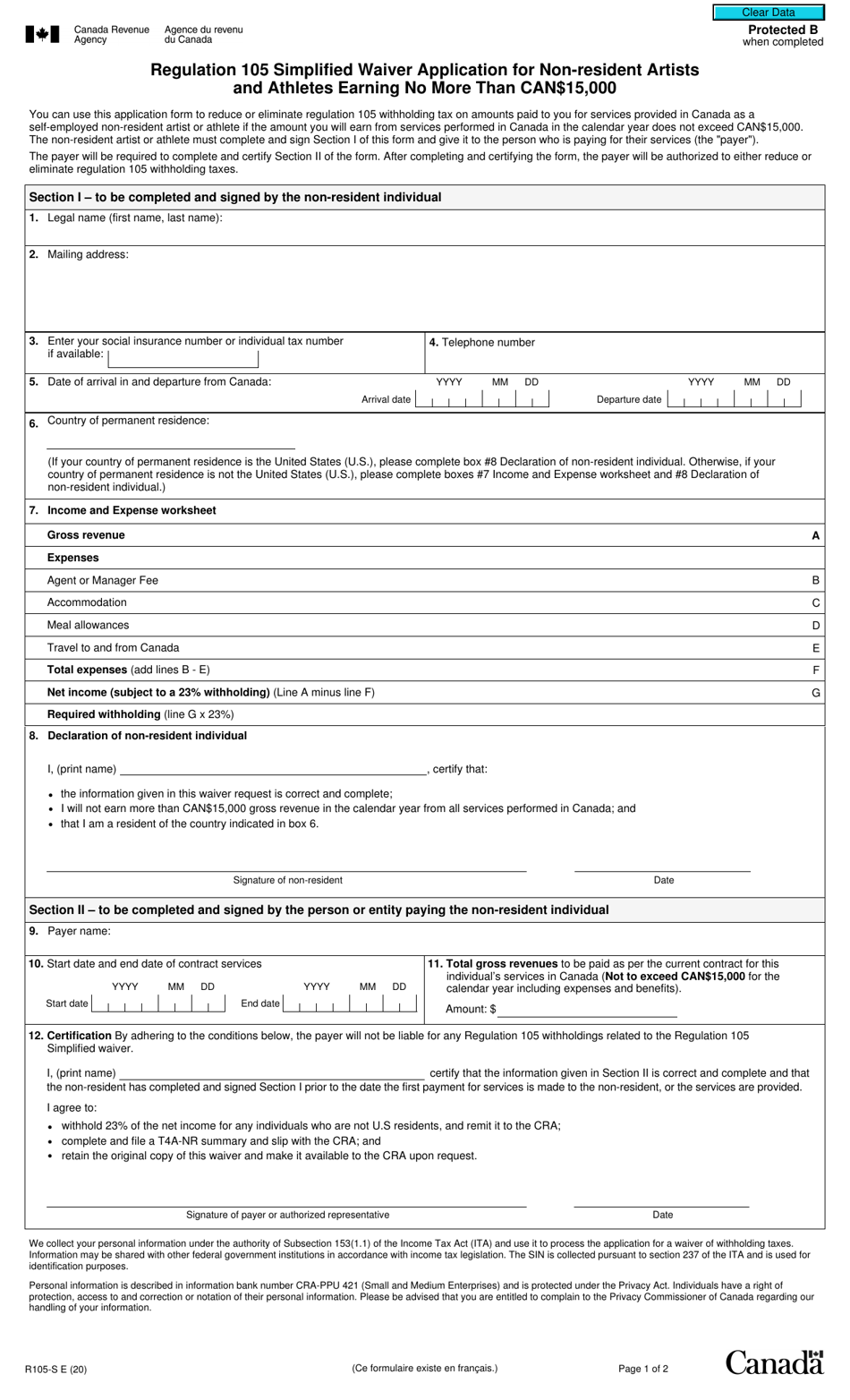 Form R105-S Regulation 105 Simplified Waiver Application for Non-resident Artists and Athletes Earning No More Than Can $15,000 - Canada, Page 1