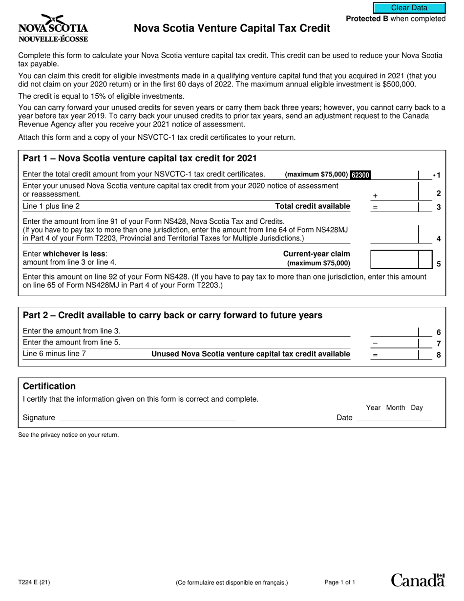 Form T224 Nova Scotia Venture Capital Tax Credit - Canada, Page 1