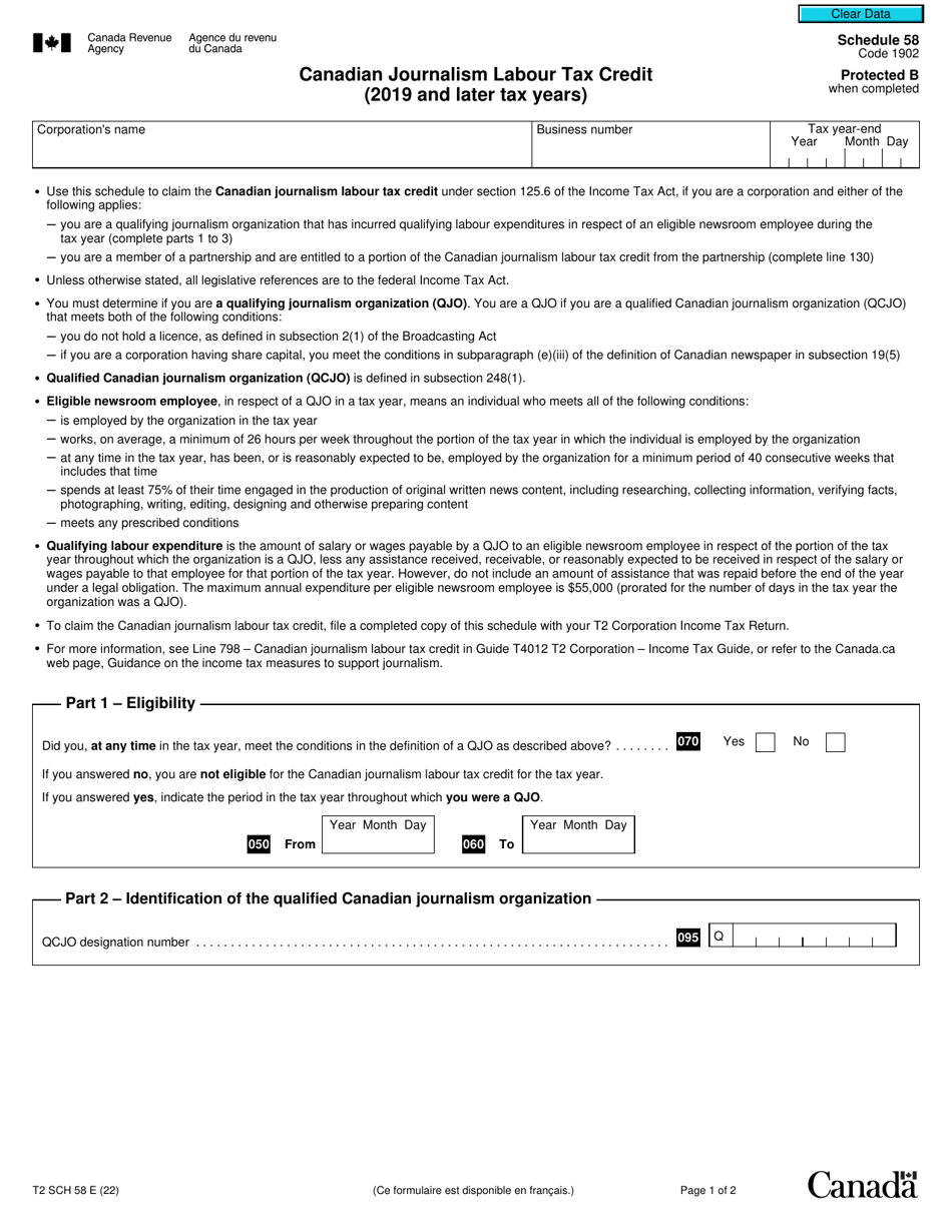 Form T2 Schedule 58 Canadian Journalism Labour Tax Credit (2019 and Later Tax Years) - Canada, Page 1
